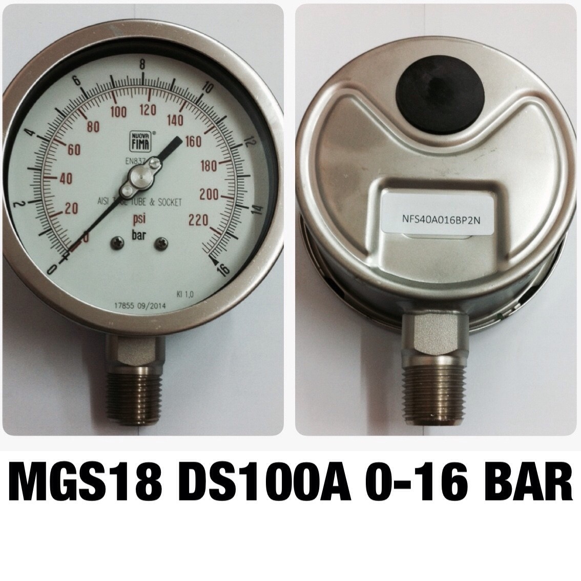 4 นิ้ว 0-16BAR (220PSI) ออกล่าง 1/2" สแตนเลส NPT