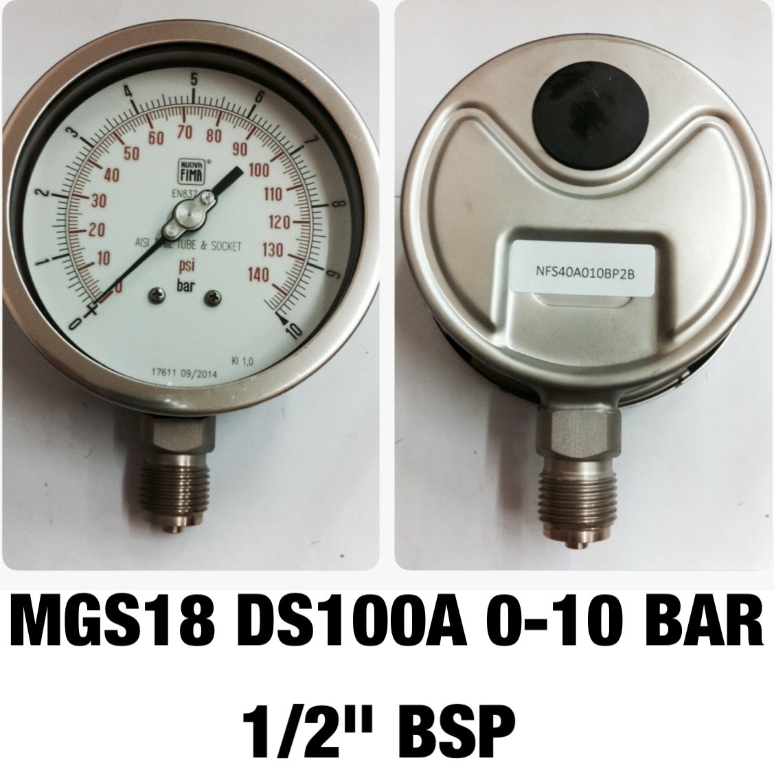 4 นิ้ว 0-10BAR (140PSI) ออกล่าง 1/2" สแตนเลส BSP