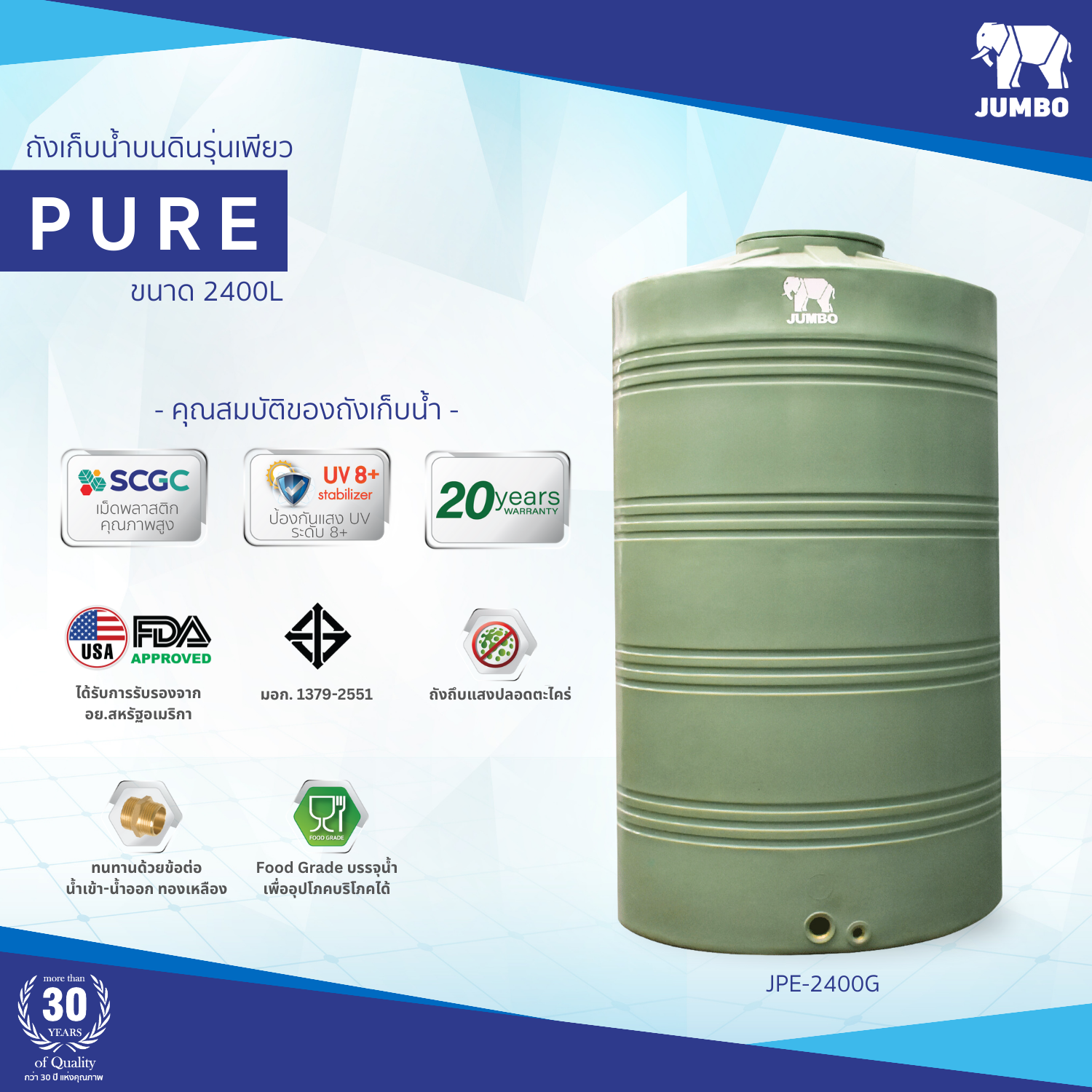 ถังเก็บน้ำบนดิน JUMBO รุ่น PURE (เพียว) ขนาด 2400 ลิตร สีเขียว,สีเทา
