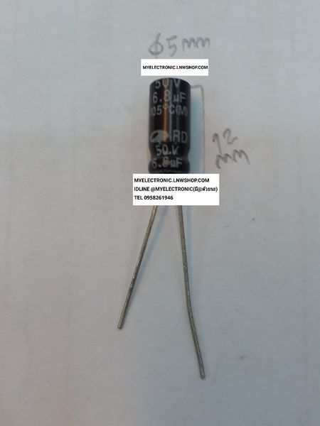 ขาย 6.8UF50V 105c คาปาซิเตอร์ อิเล็กโตรไลท์ CAPACITOR ELECTROLITE 6.8UF50V105c ยี่ห้อ ขนาด เส้นผ่านศูนย์กลาง5มม.สูง12มม. 5×12MM. ราคาตัวละ บาท