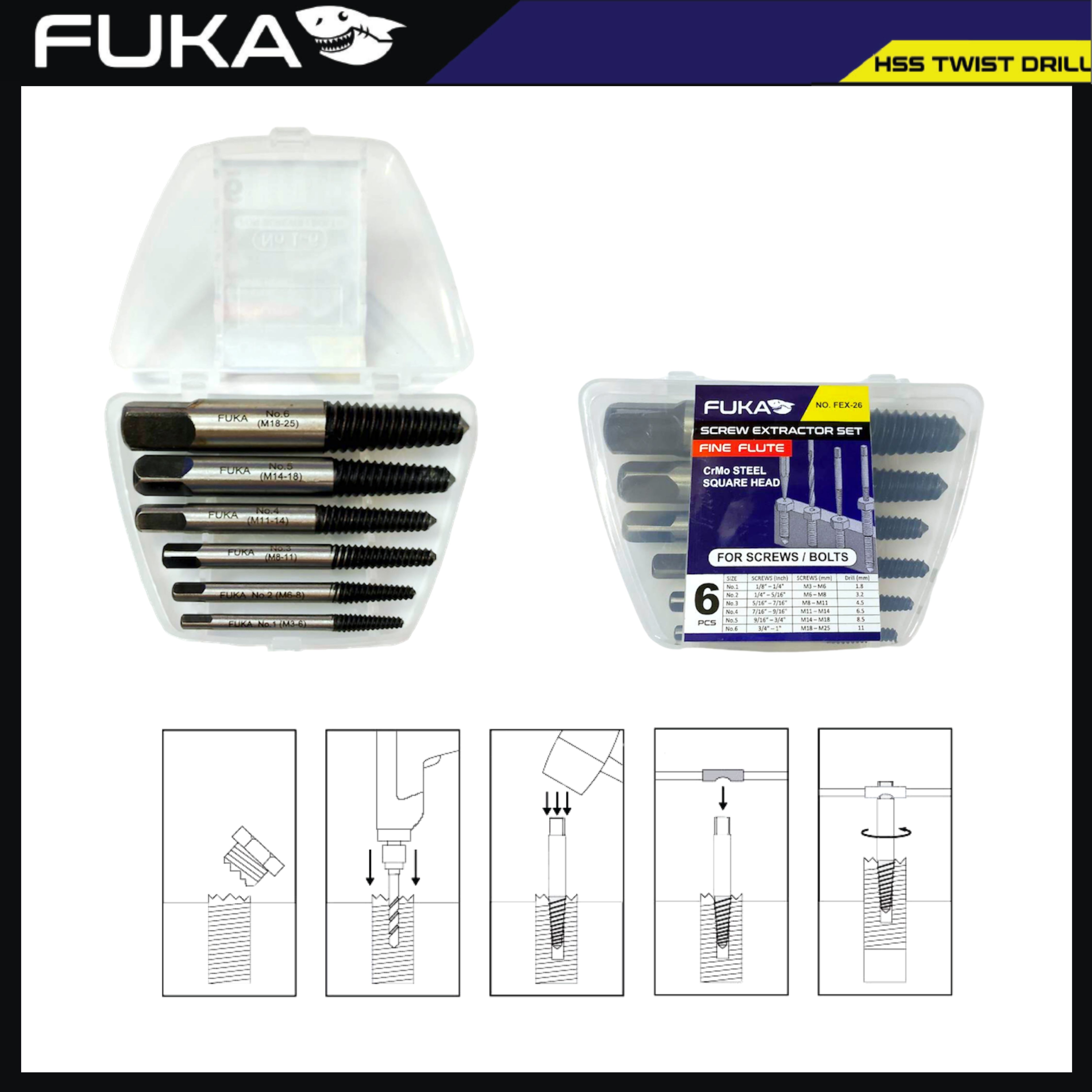 FUKA ชุดถอนเกลียวซ้าย แบบละเอียด ITem No.FEX-26 จำนวน 6 ตัวชุด No.1-6