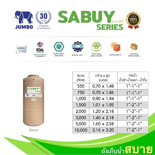 ถังเก็บน้ำบนดิน สบาย สีแกรนิต (SABUY SERIE) ขนาด 550 ลิตร แถมลูกลอย