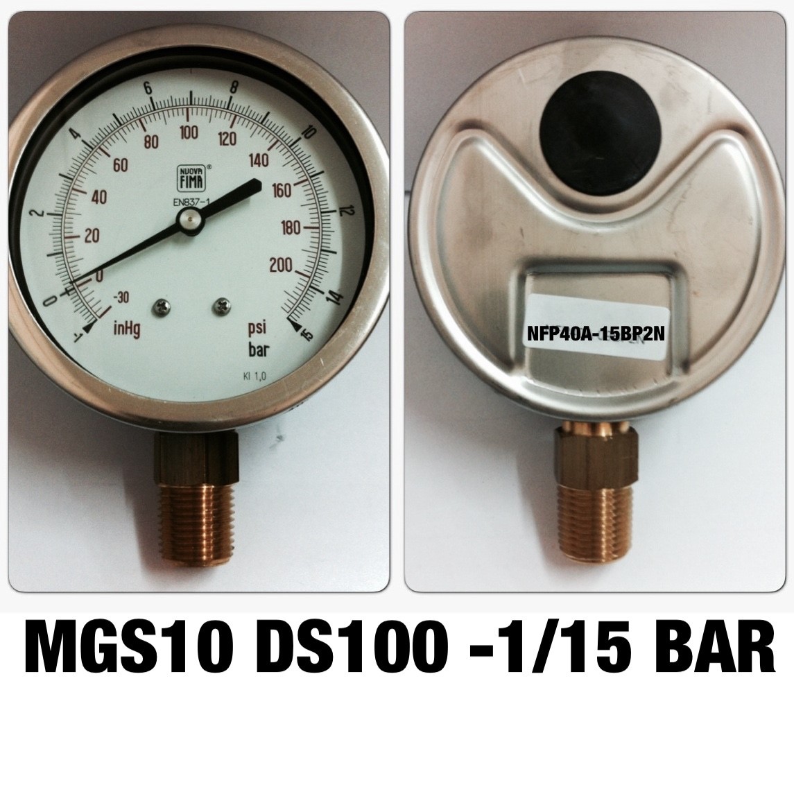 4 นิ้ว -1-0-15BAR (-30-0-200PSI) ออกล่าง 1/2" ทองเหลือง NPT