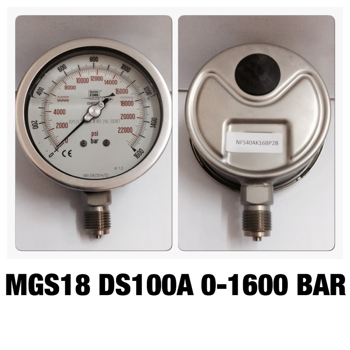 4 นิ้ว 0-1600BAR (22000PSI) ออกล่าง 1/2" สแตนเลส BSP
