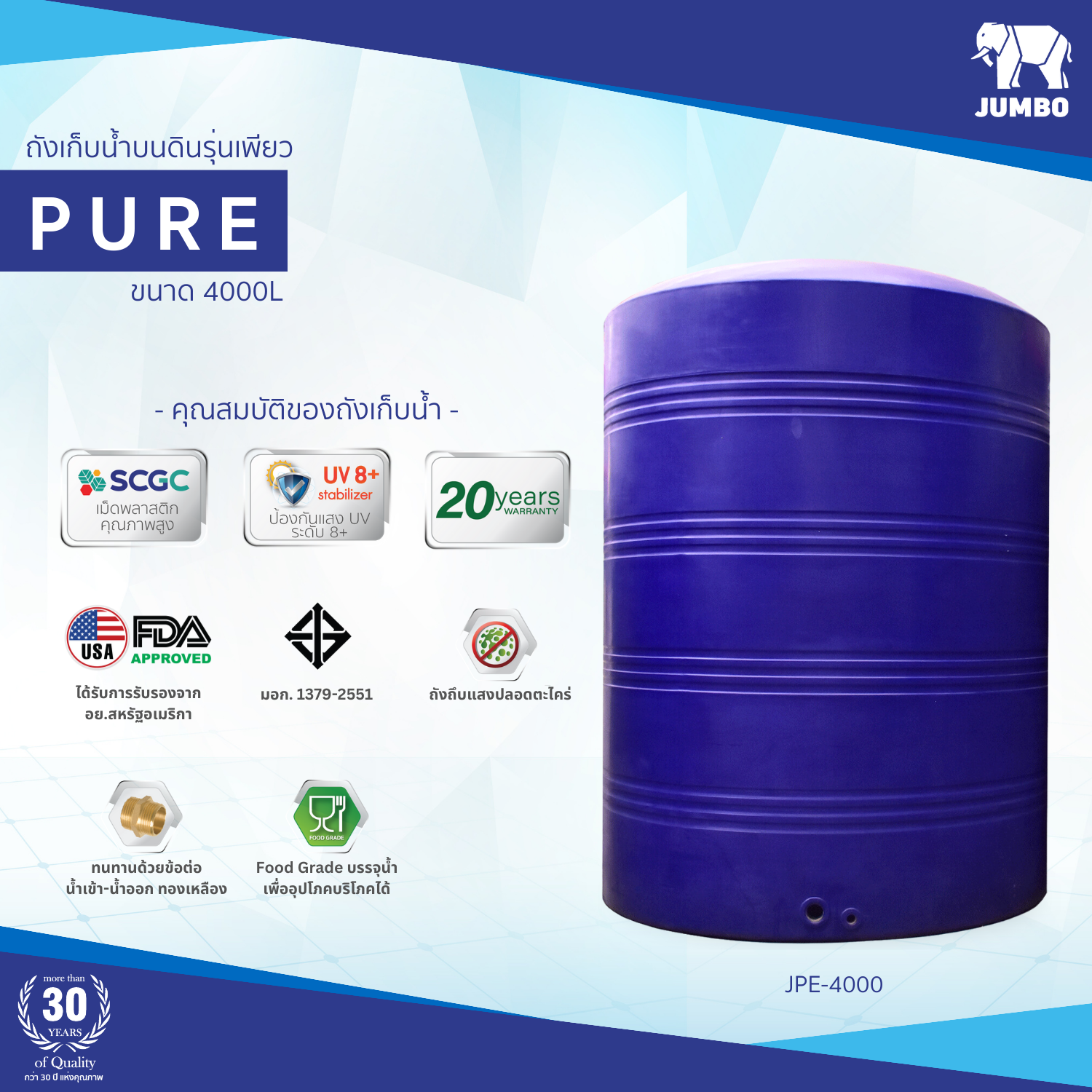 ถังเก็บน้ำบนดิน JUMBO รุ่น PURE (เพียว) ขนาด 4000 ลิตร สีเขียว,สีเทา,สีน้ำเงิน