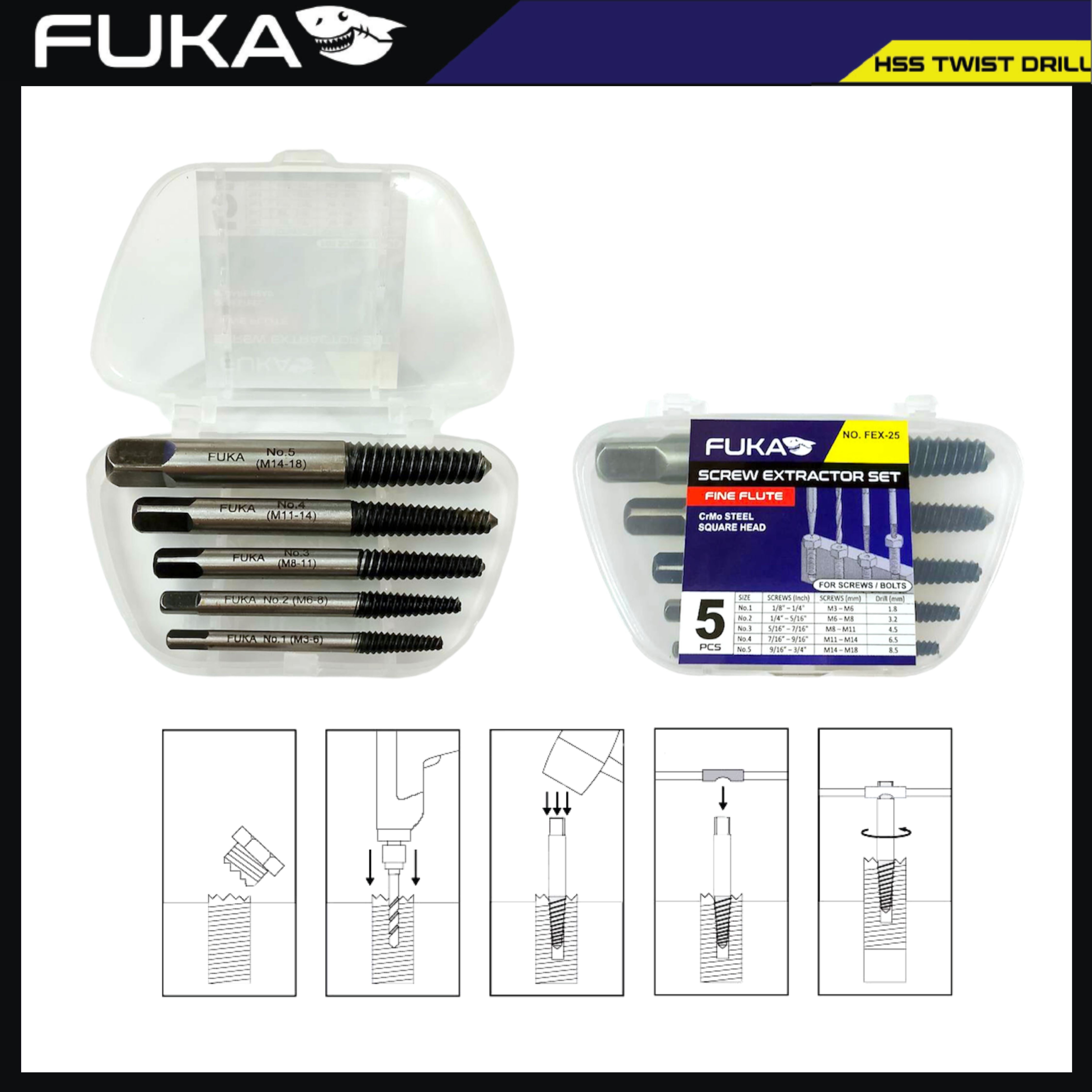 FUKA ชุดถอนเกลียวซ้าย แบบละเอียด ITem No.FEX-25 จำนวน 5 ตัวชุด No.1-5