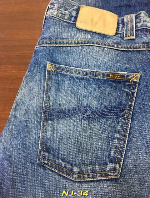 34. Nudie ผ้าฟอก ขาม้า Low Slim Jim – Indigo Thread Embo เอว 33 ยาว 32