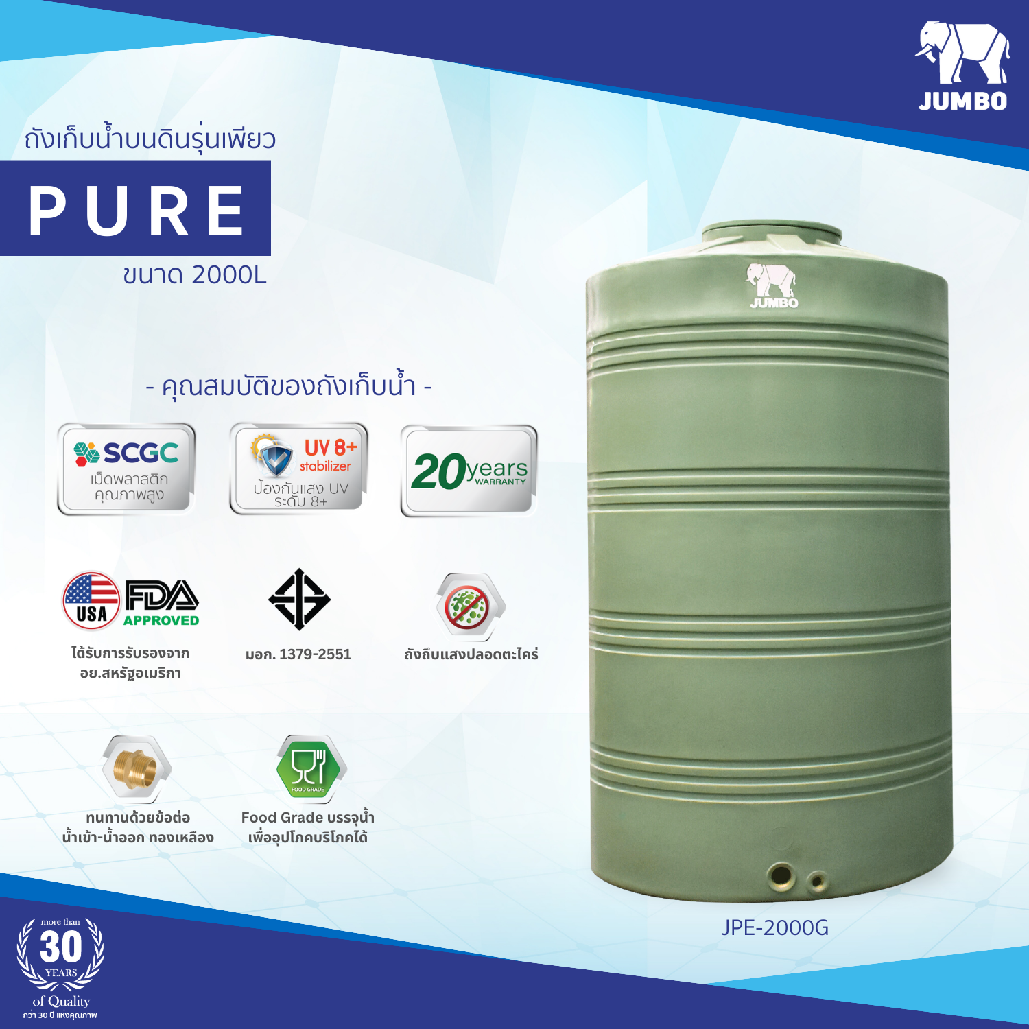 ถังเก็บน้ำบนดิน JUMBO รุ่น PURE (เพียว) ขนาด 2000 ลิตร สีเขียว,สีเทา