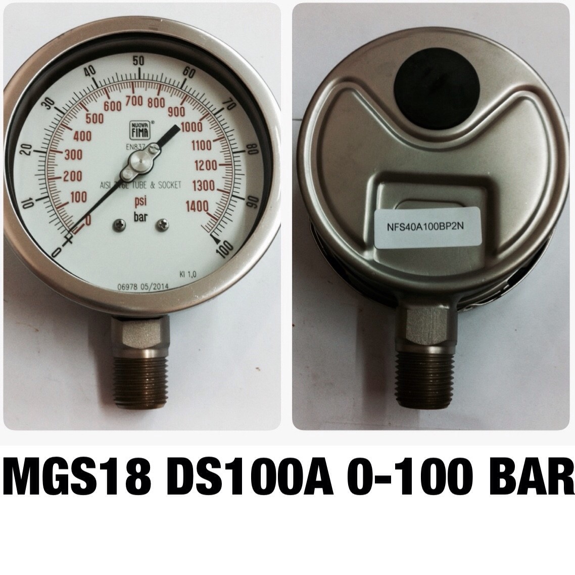 4 นิ้ว 0-100BAR (1400PSI) ออกล่าง 1/2" สแตนเลส NPT