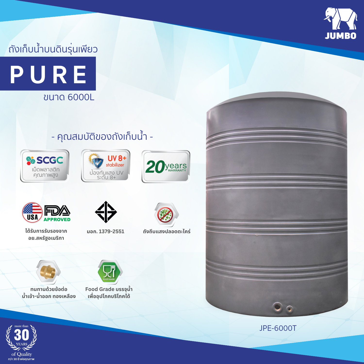 ถังเก็บน้ำบนดิน JUMBO รุ่น PURE (เพียว) ขนาด 6000 ลิตร สีเขียว,สีเทา,สีน้ำเงิน