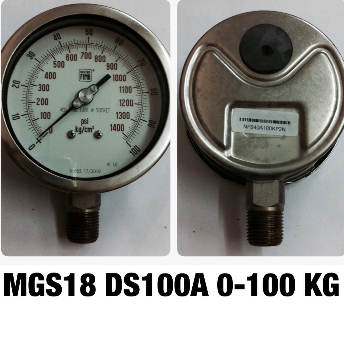 4 นิ้ว 0-100KG/CM2 (1400PSI) ออกล่าง 1/2" สแตนเลส NPT