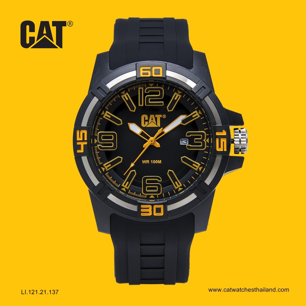นาฬิกา Caterpillar รุ่น PIPE รหัส LI.121.21.137 (หน้าปัดดำ-เหลือง) มีวันที่ พรายน้ำที่เข็ม กันน้ำ 100 เมตร หน้าปัดแบบใหม่ มีมิติ
