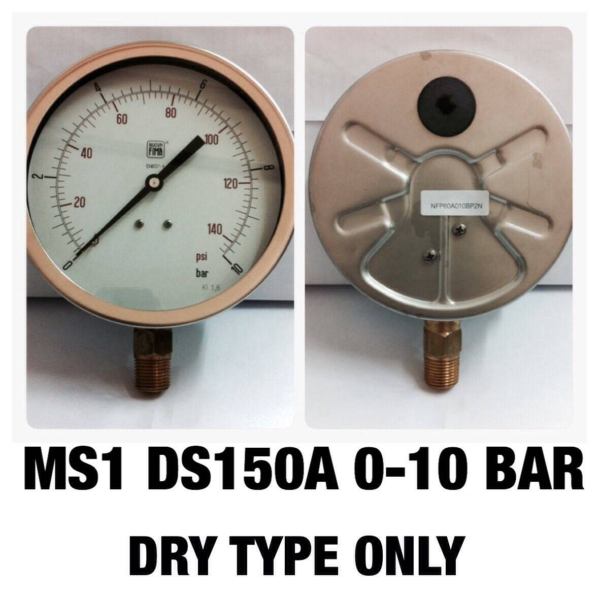 6 นิ้ว 0-10 BAR (140PSI) แบบแห้ง ออกล่าง เกลียว 1/2" NPT ทองเหลือง