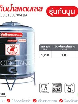 แท้งค์น้ำสแตนเลสตราเรือใบ JRM ขนาด 1250 ลิตร ทรงก้นนูน (18-8) มอก.989-2562